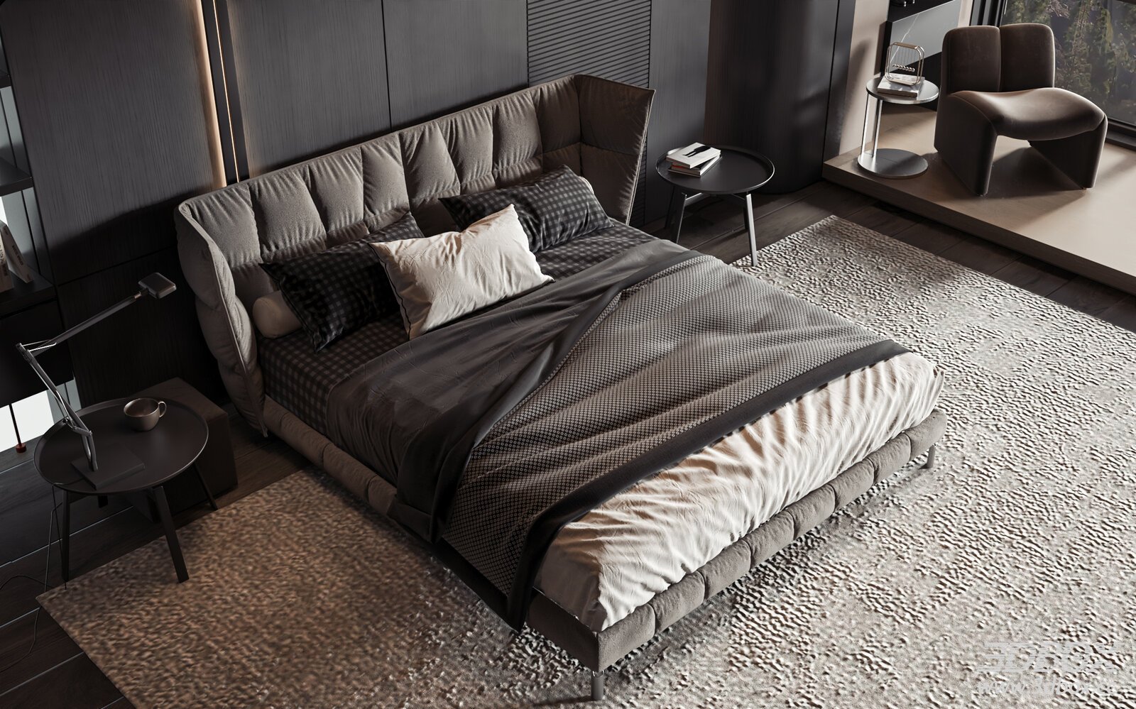 Modern Luxury Upholstered Double Bedroom Scene 3D model - front view