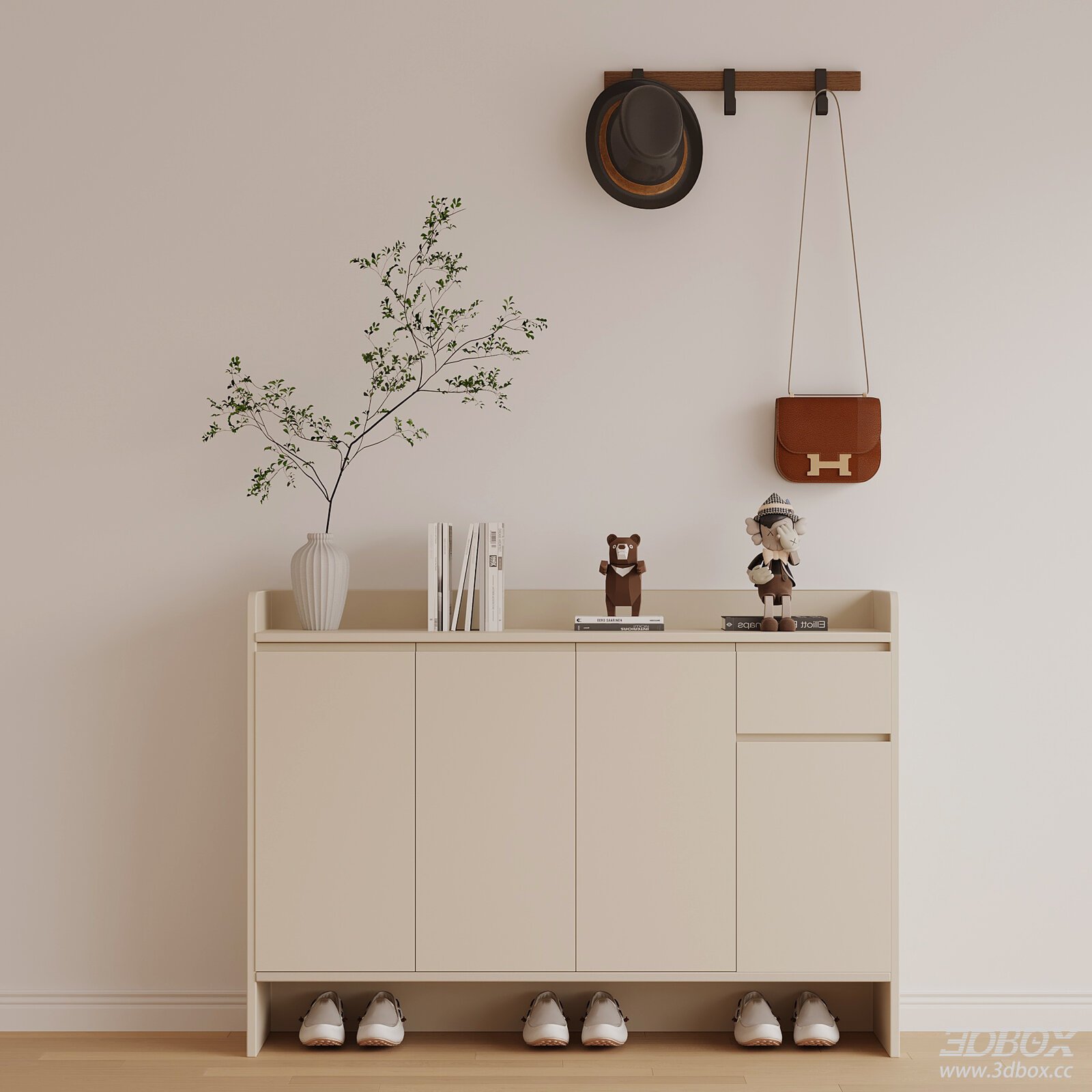 Modern Minimalist Hallway Shoe Cabinet 3D model - thumbnail 1