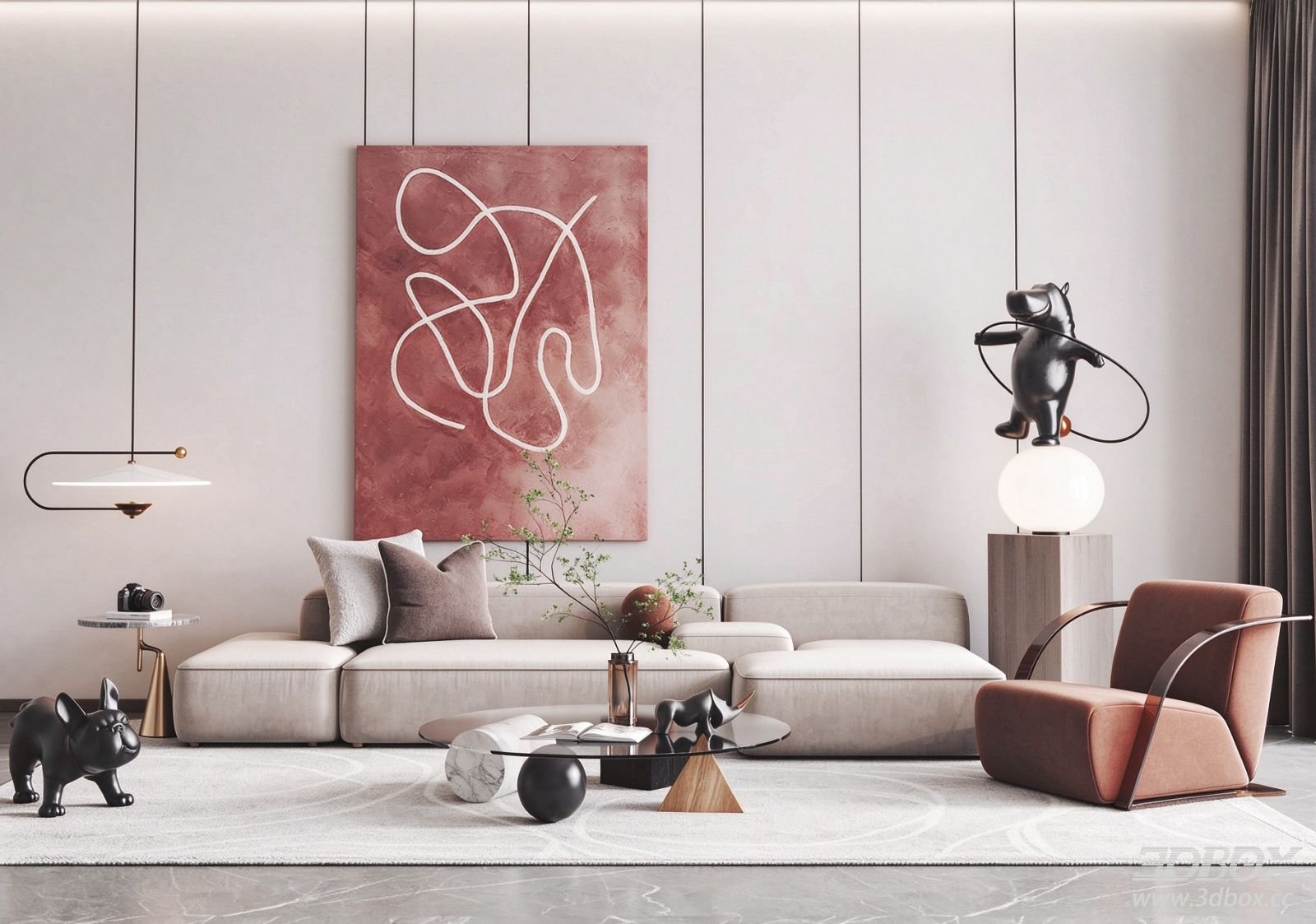 Modern Luxury Minimalist Living Room Sofa Armchair Coffee Table Set 3D model - front view