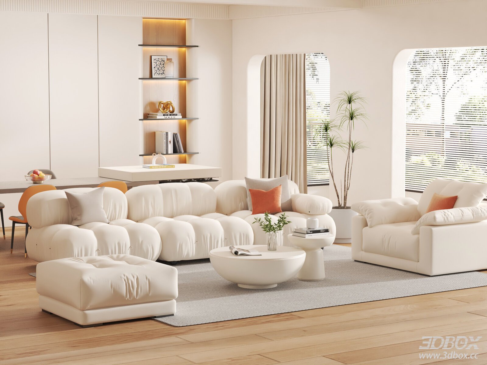 Modern Cream Style Fabric Sofa Set for Living Room 3D model - front view