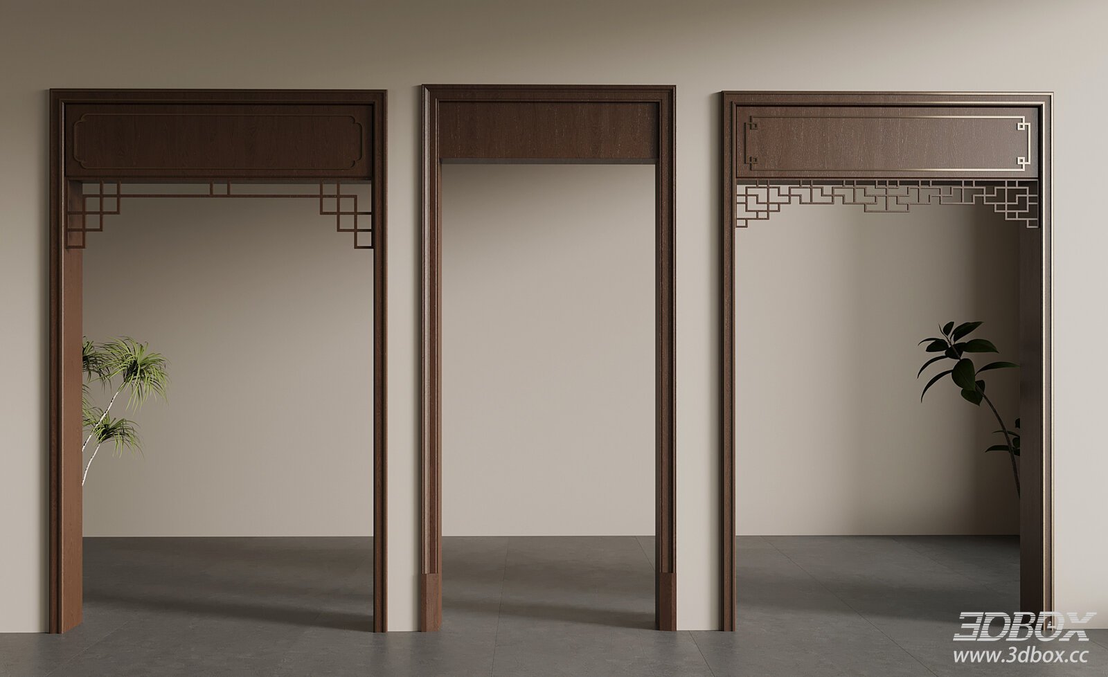 New Chinese Mid-century Style Wooden Door Frame Set 3D model - front view