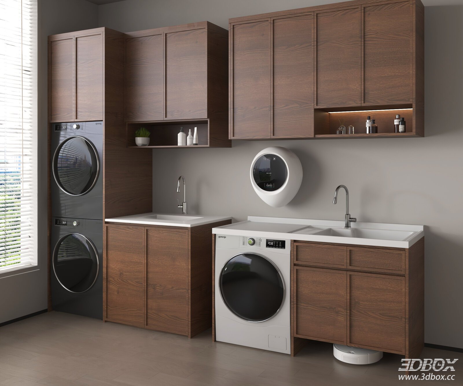 Mid-century Modern Walnut Laundry Cabinet with Washer Dryer 3D model - front view
