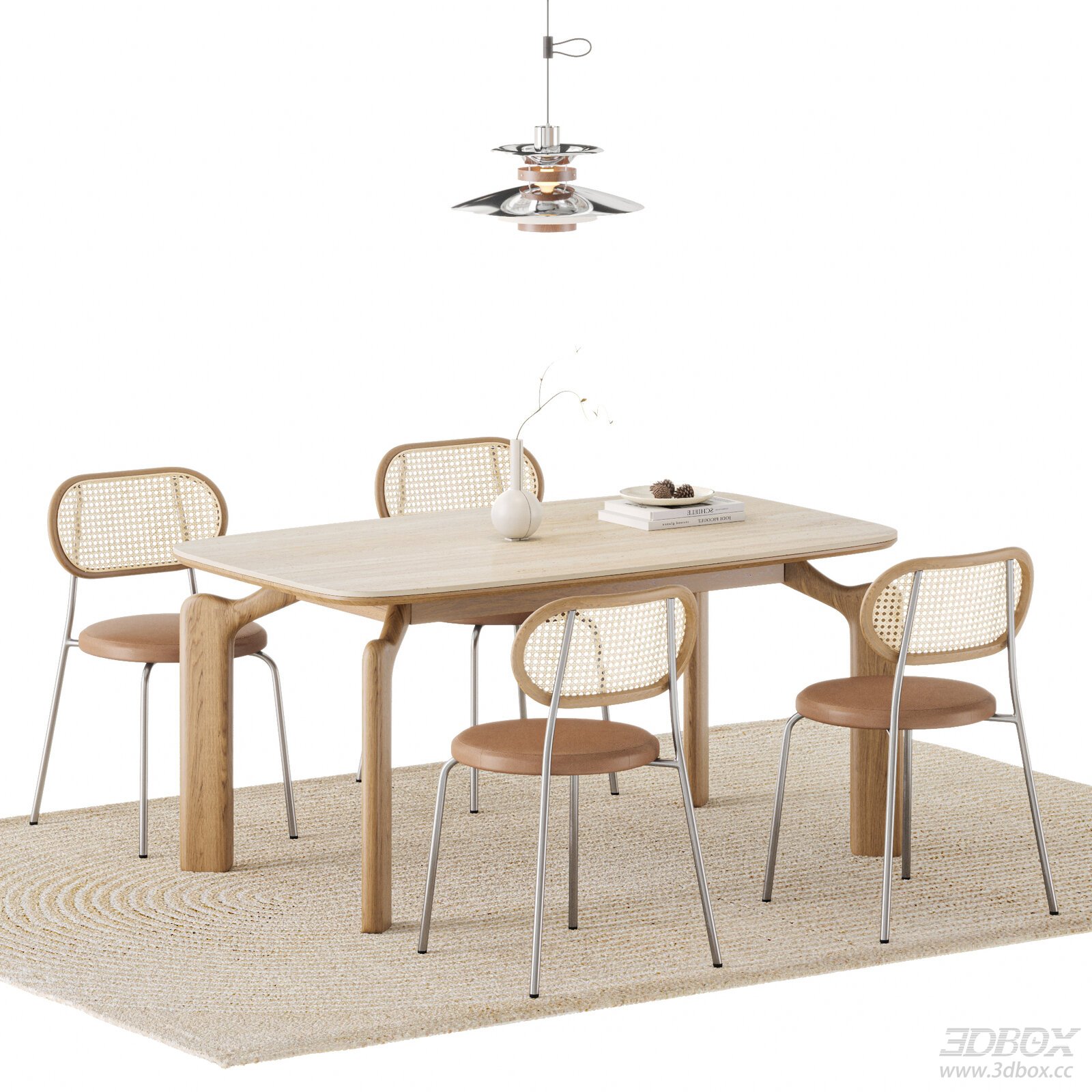Cream Style Wooden Dining Table and Rattan Chairs Set 3D model - front view