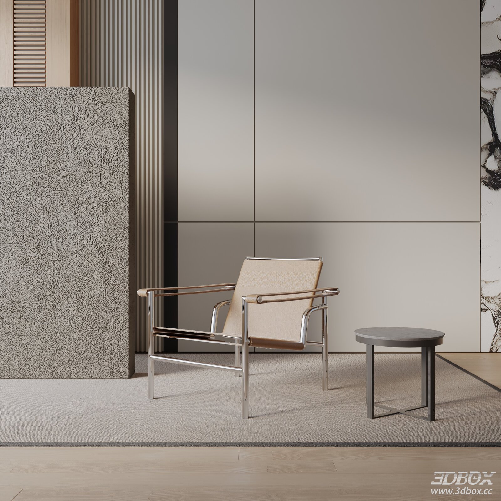 Modern Minimalist Metal Frame Armchair with Side Table 3D model - front view