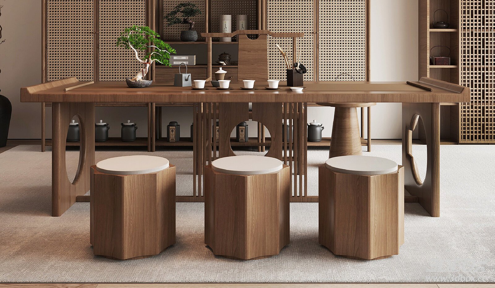 New Chinese Style Tea Table and Stool Set Tea Room 3D model - front view