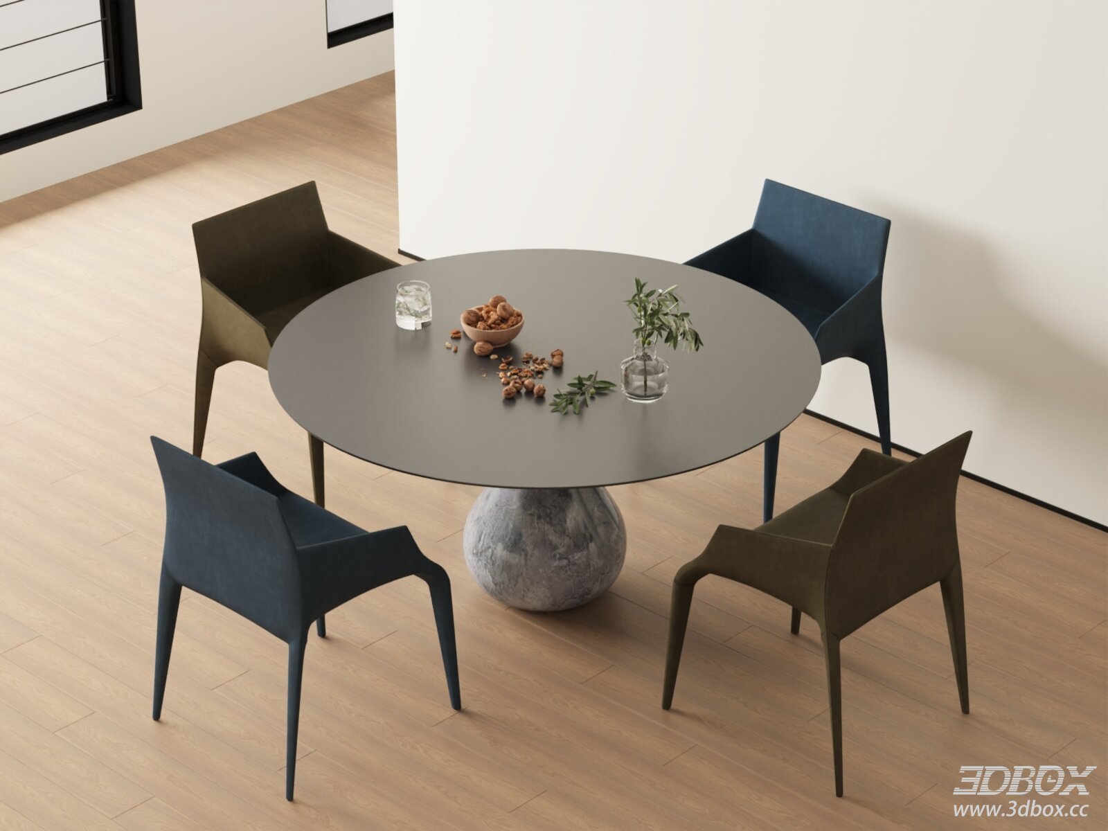 Modern Round Dining Table and Fabric Chairs Set 3D model - front view