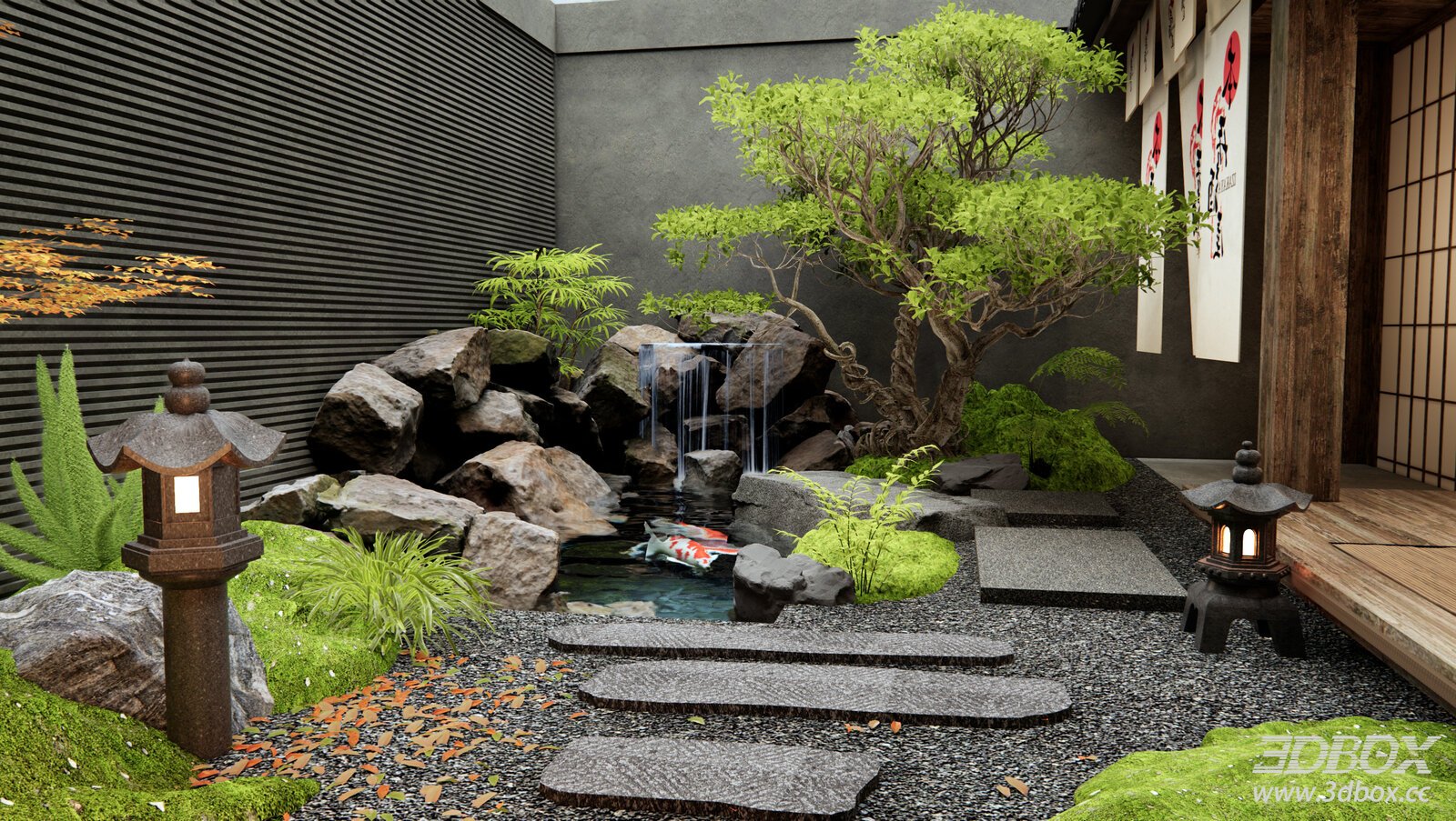 Japanese Zen Courtyard Garden with Koi Pond and Stone Lanterns 3D model - front view