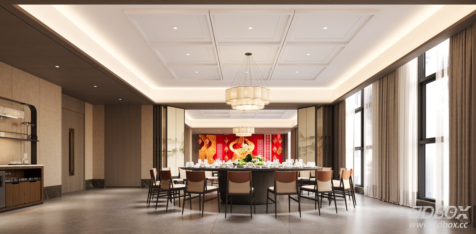 Modern Chinese Style Private Restaurant Dining Room Scene 3D model - front view