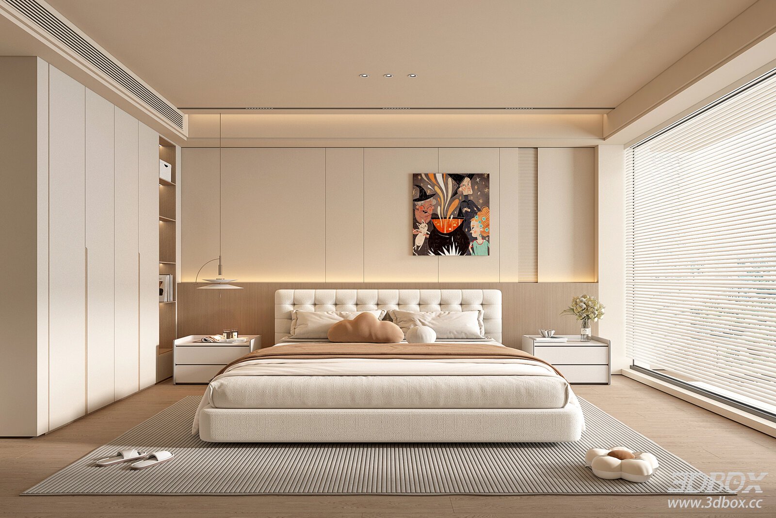 Modern Cream Style Minimalist Bedroom Interior Scene 3D model - front view