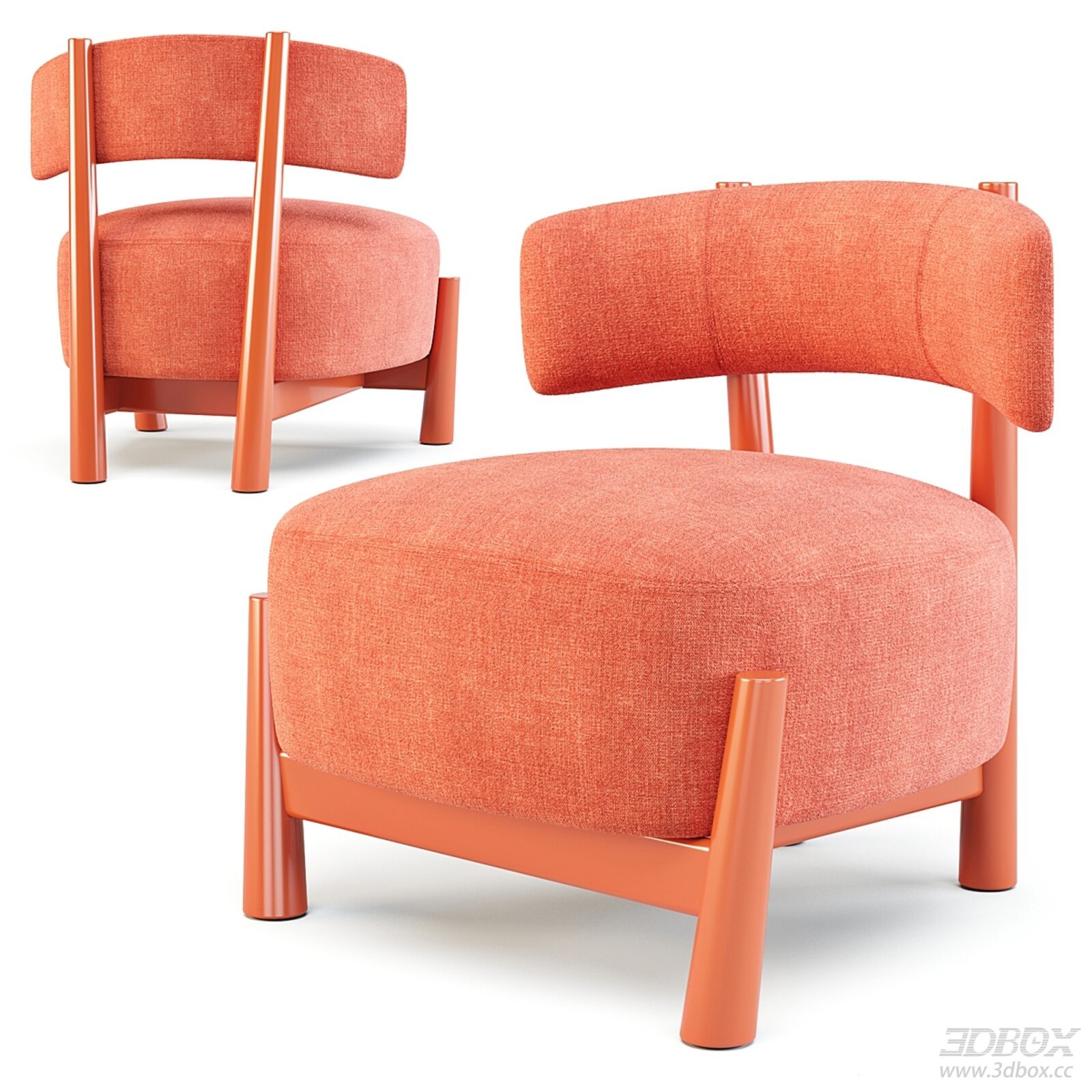 Modern Orange Fabric Armchair with Wooden Frame 3D model - front view