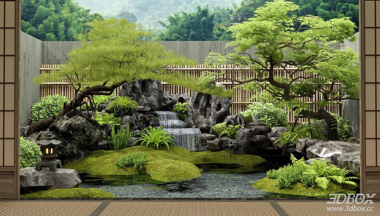 Japanese Zen Garden Landscape with Water Feature and Plants 3D model - front view