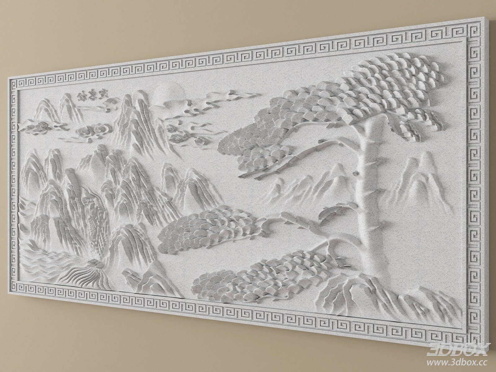 Chinese Style Stone Relief Landscape Decorative Wall Panel 3D model - front view