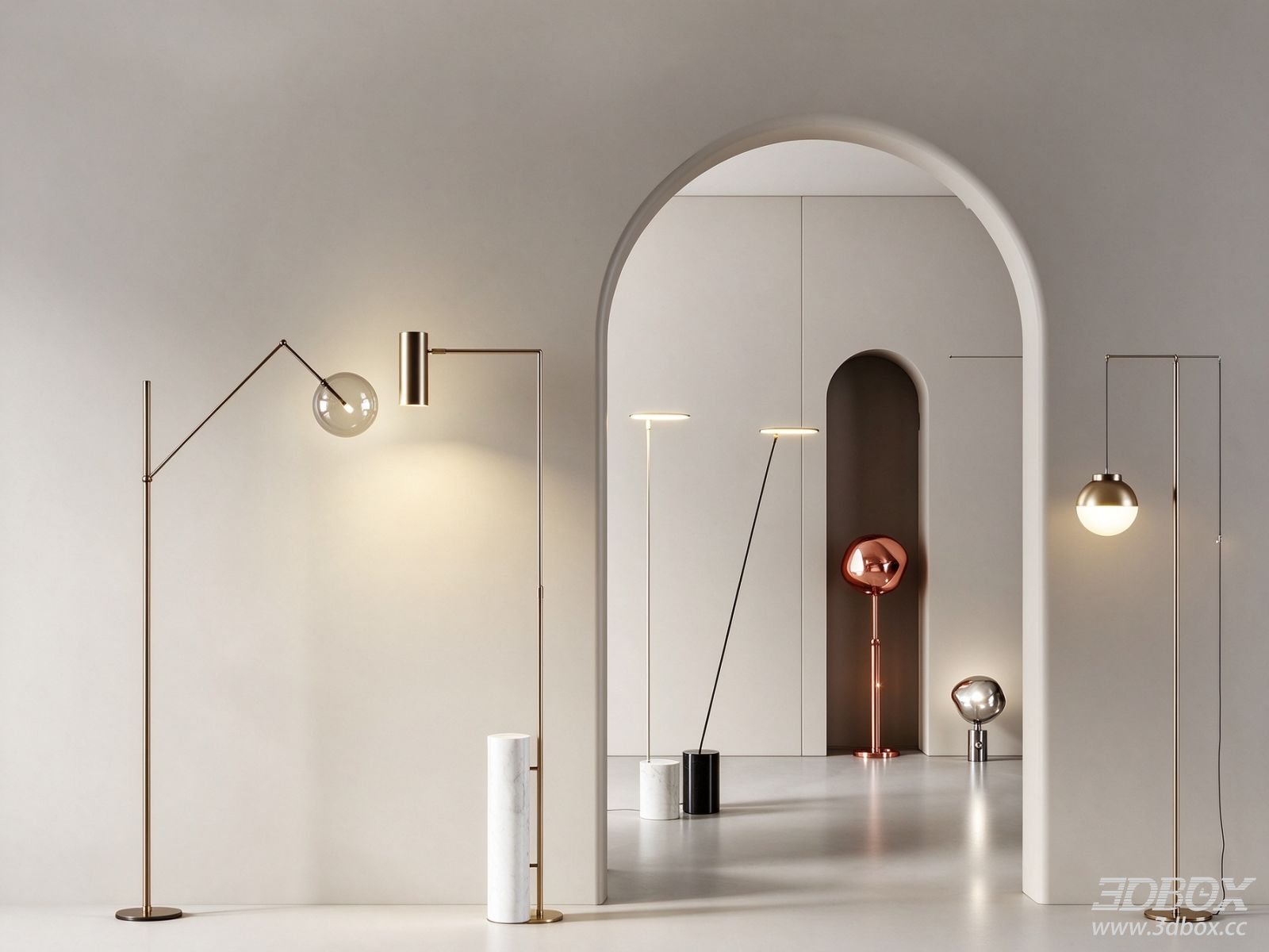 Modern Minimalist Brass Marble Floor Lamp Set 3D model - front view
