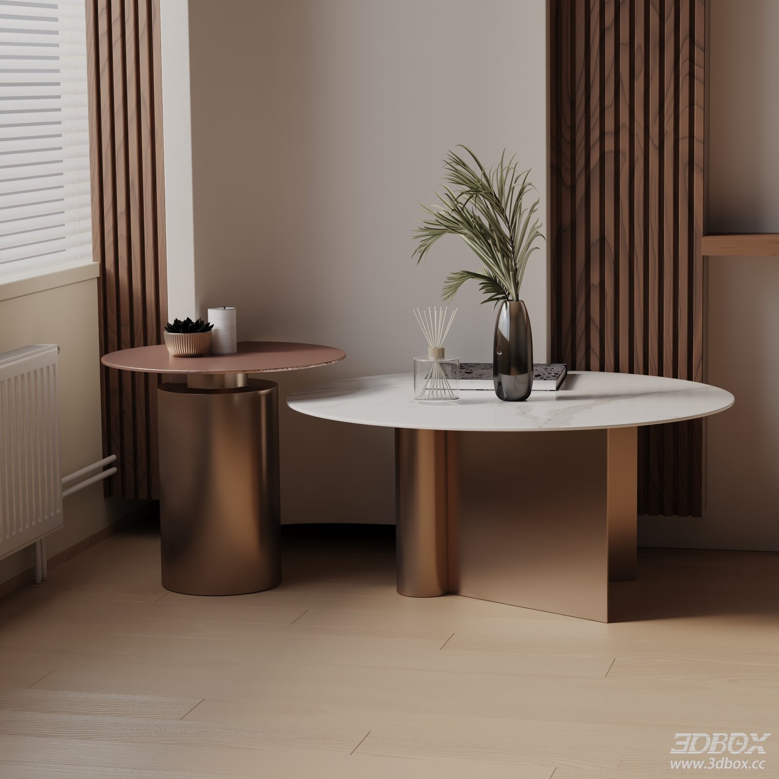 Modern Marble Top Brass Base Coffee Table Set 3D model - front view