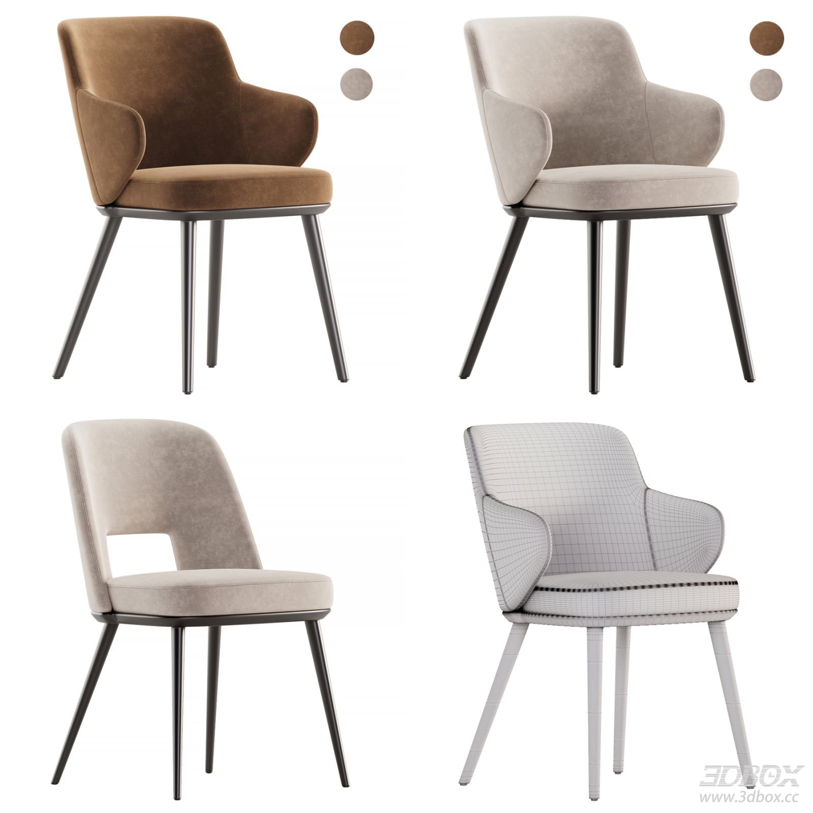 Calligaris Modern Velvet Upholstered Dining Chair 3D model - front view