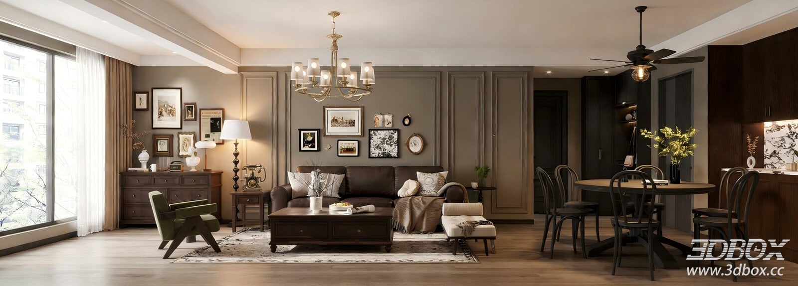 American Vintage Living Room Open Kitchen Dining Area Interior 3D model - front view