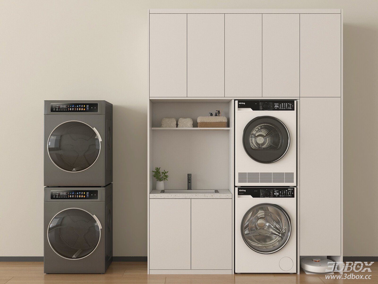 Modern Laundry Cabinet with Washing Machine and Dryer 3D model - front view