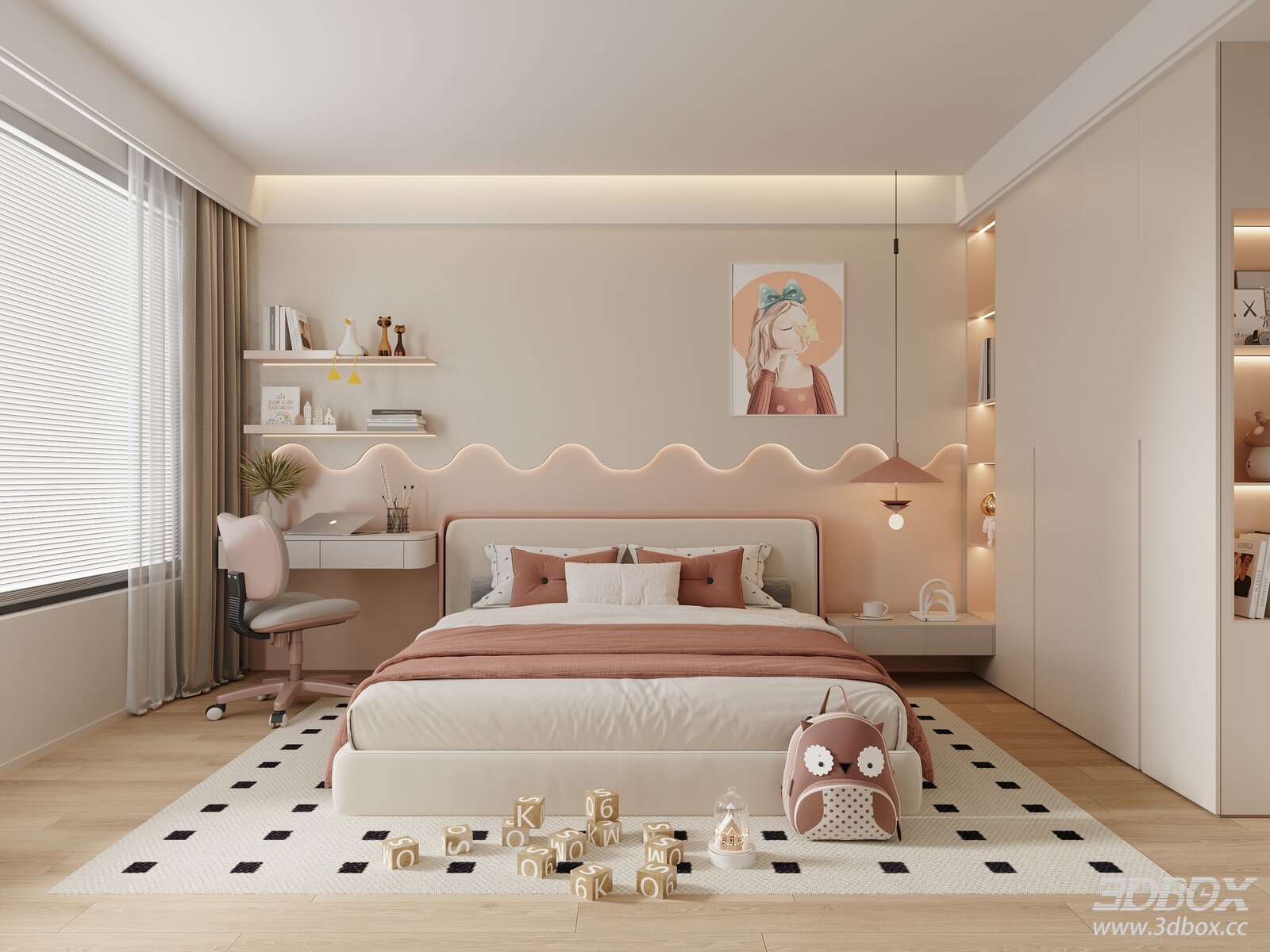 Modern Girl Kid Bedroom with Study Desk and Wardrobe 3D model - front view