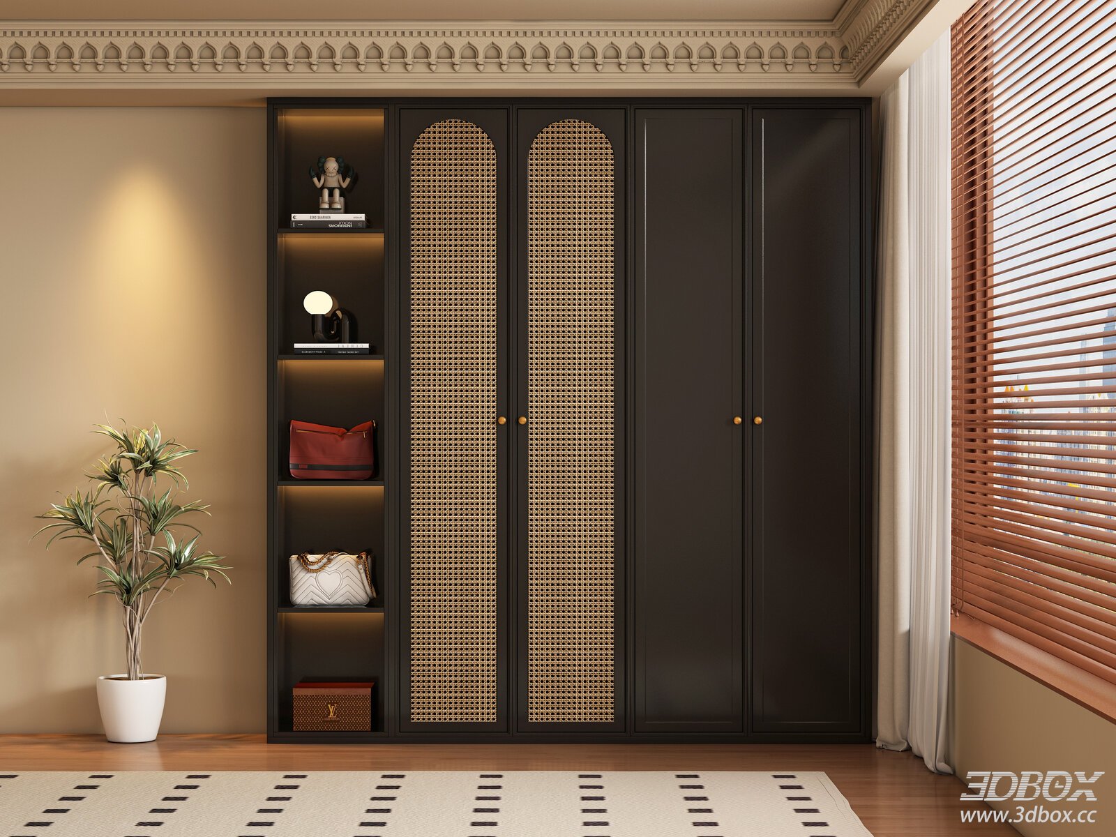 Vintage Rattan Panel Wardrobe with Display Shelf 3D model - front view