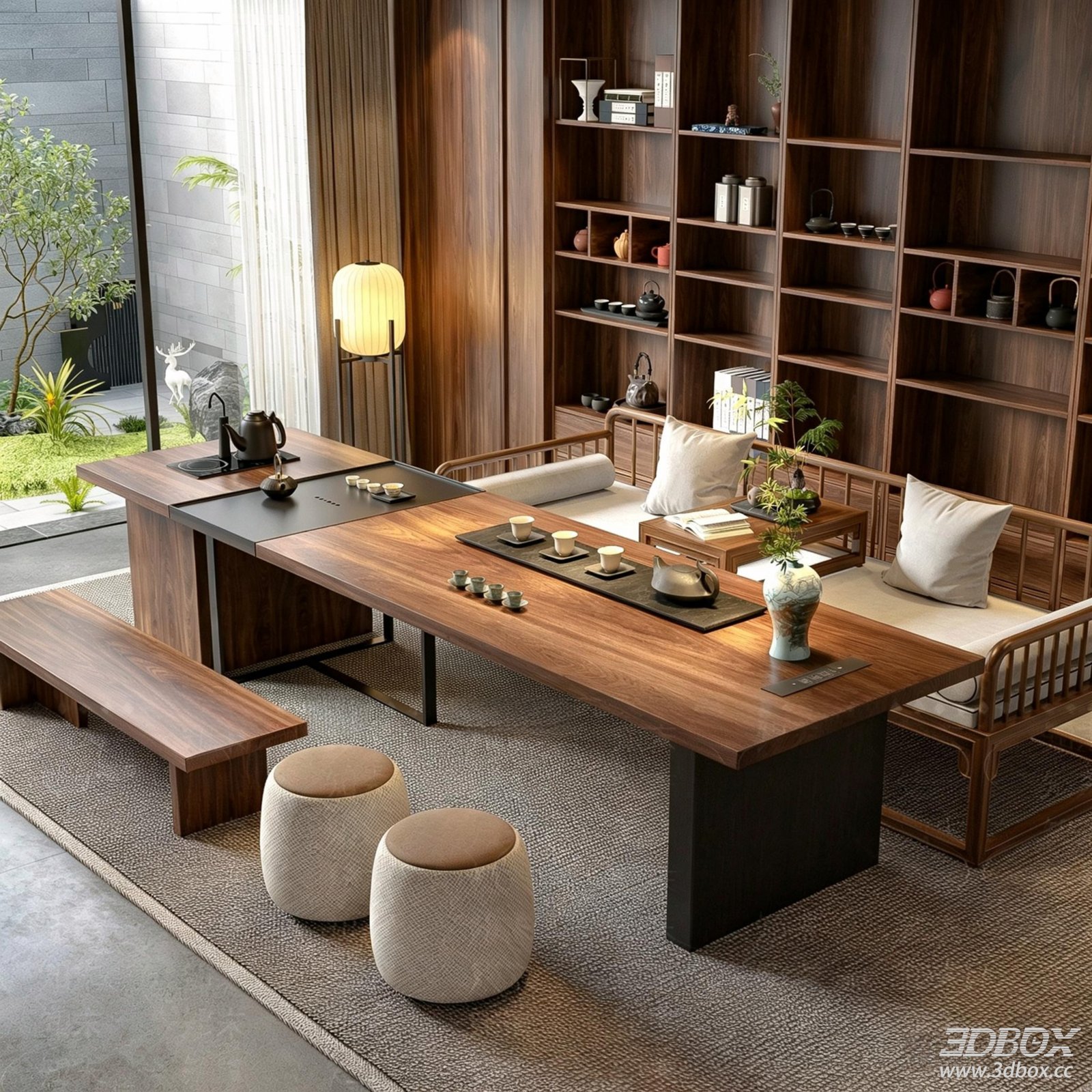 New Chinese Style Tea Room With Tea Table and Furniture Set 3D model - front view