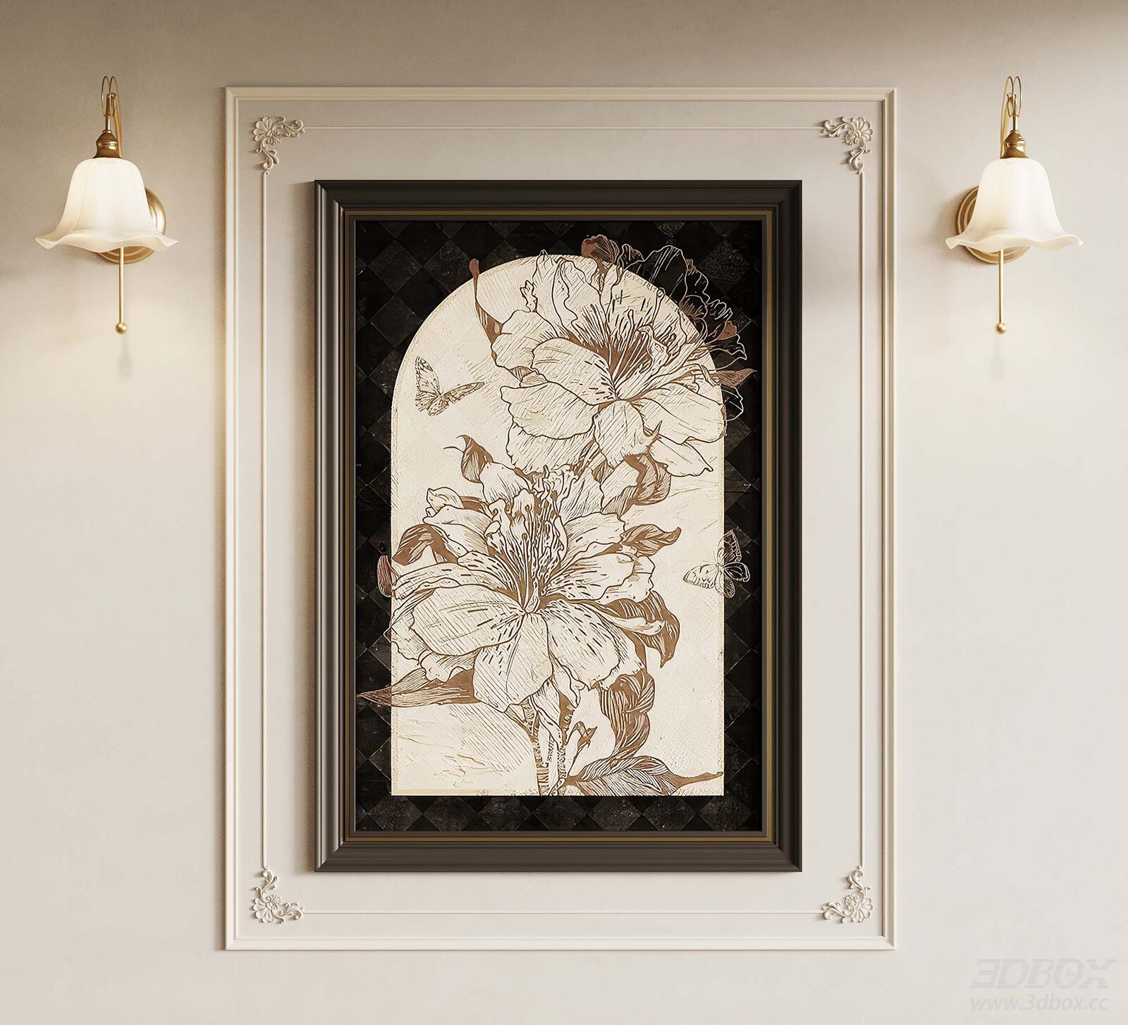 Vintage French Floral Decor Frame with Brass Wall Sconces 3D model - front view