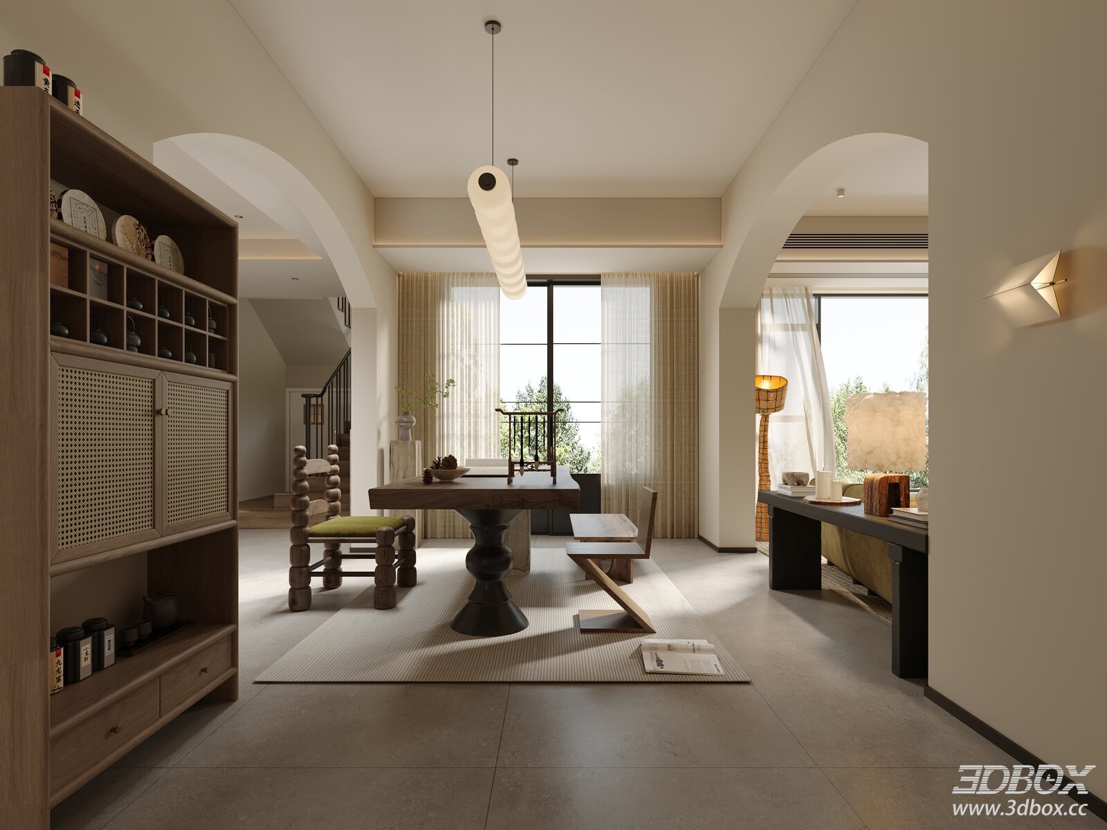 Wabi Sabi Style Modern Tea Room Interior Scene 3D model - front view