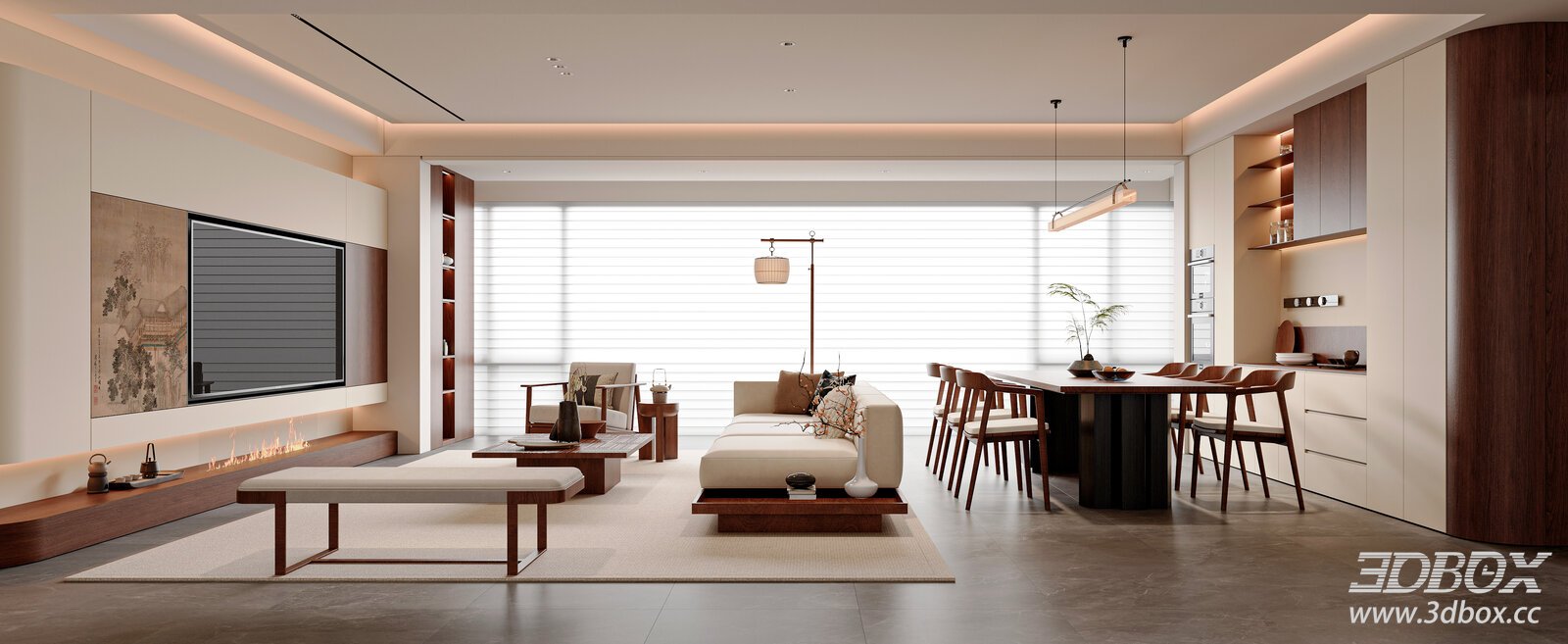 New Chinese Song Style Living and Dining Room Interior 3D model - front view