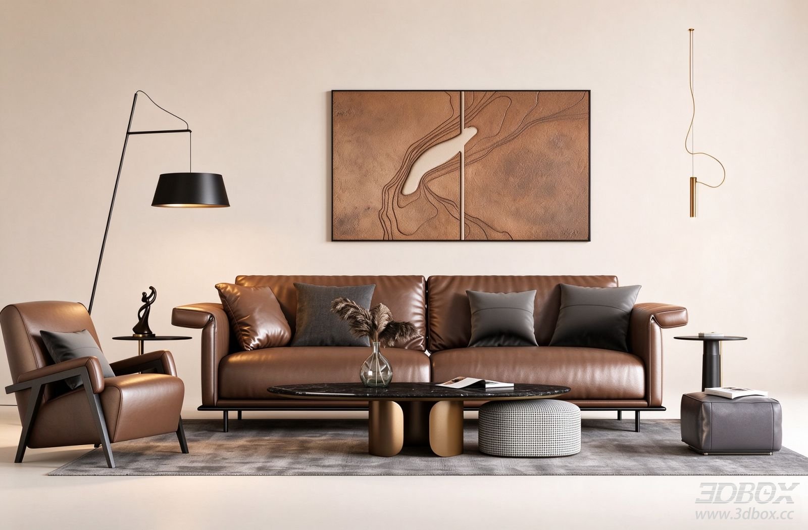 Modern Luxury Leather Sofa Living Room Furniture Set 3D model - front view