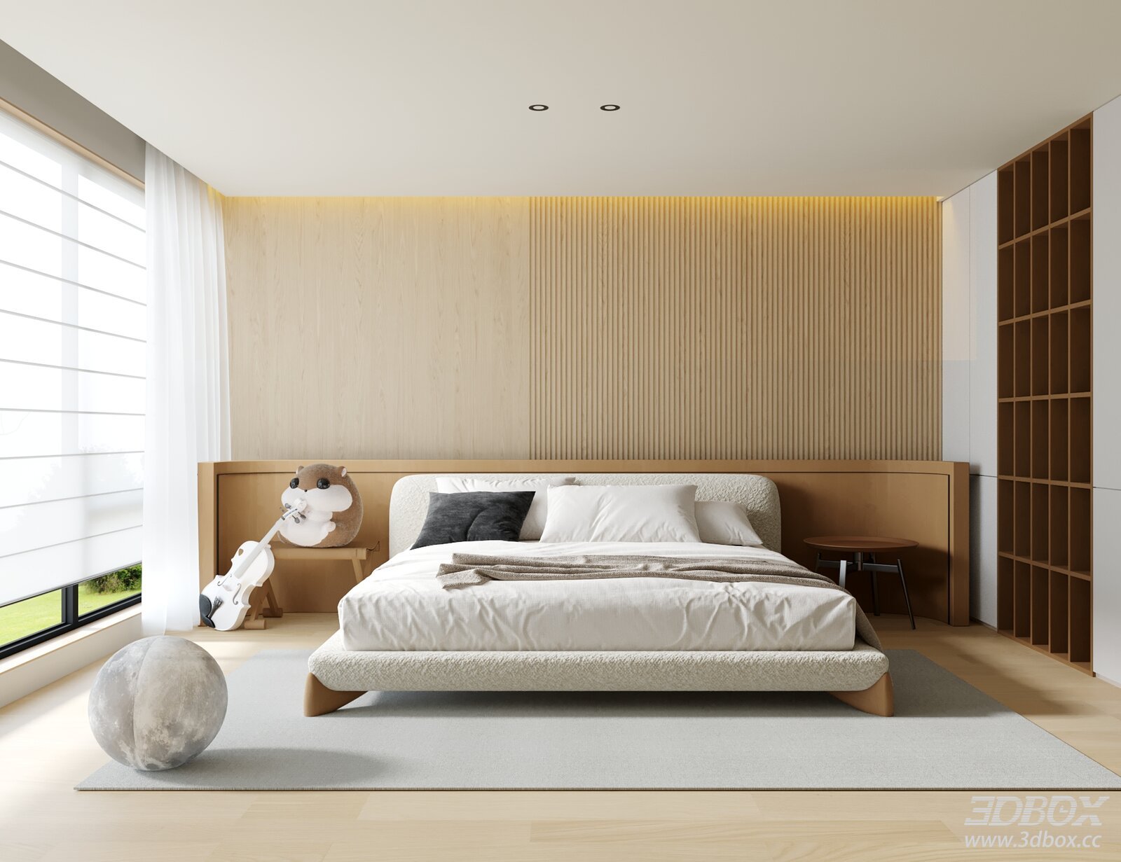 Modern Minimalist Wooden Bedroom Interior Scene 3D model - front view