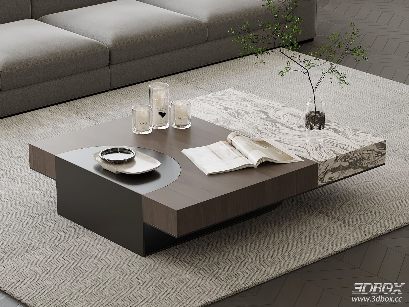 Modern Italian Style Marble Wood Coffee Table 3D model - front view