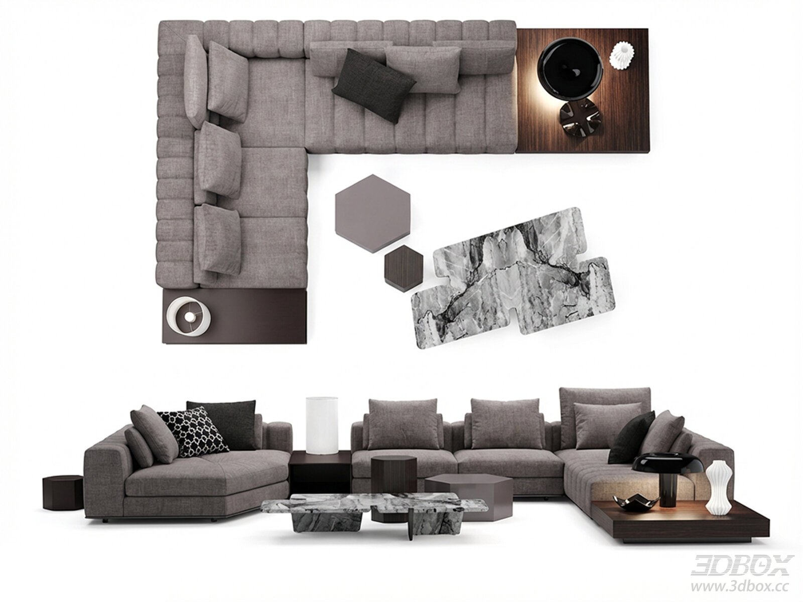 Italian Modern L-shaped Fabric Sofa Set with Coffee Tables 3D model - front view