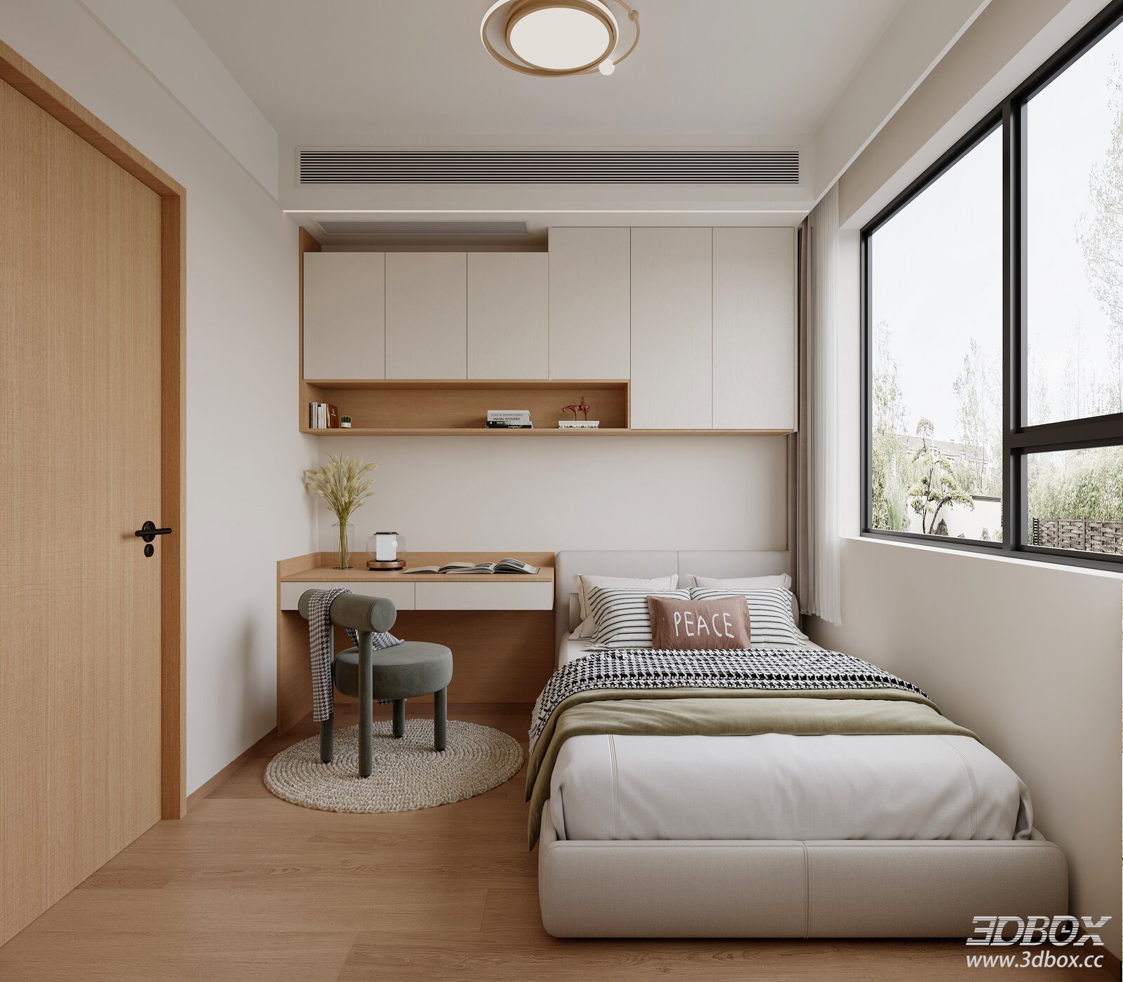 Modern Nordic Natural Wood Kids Bedroom Interior 3D model - front view
