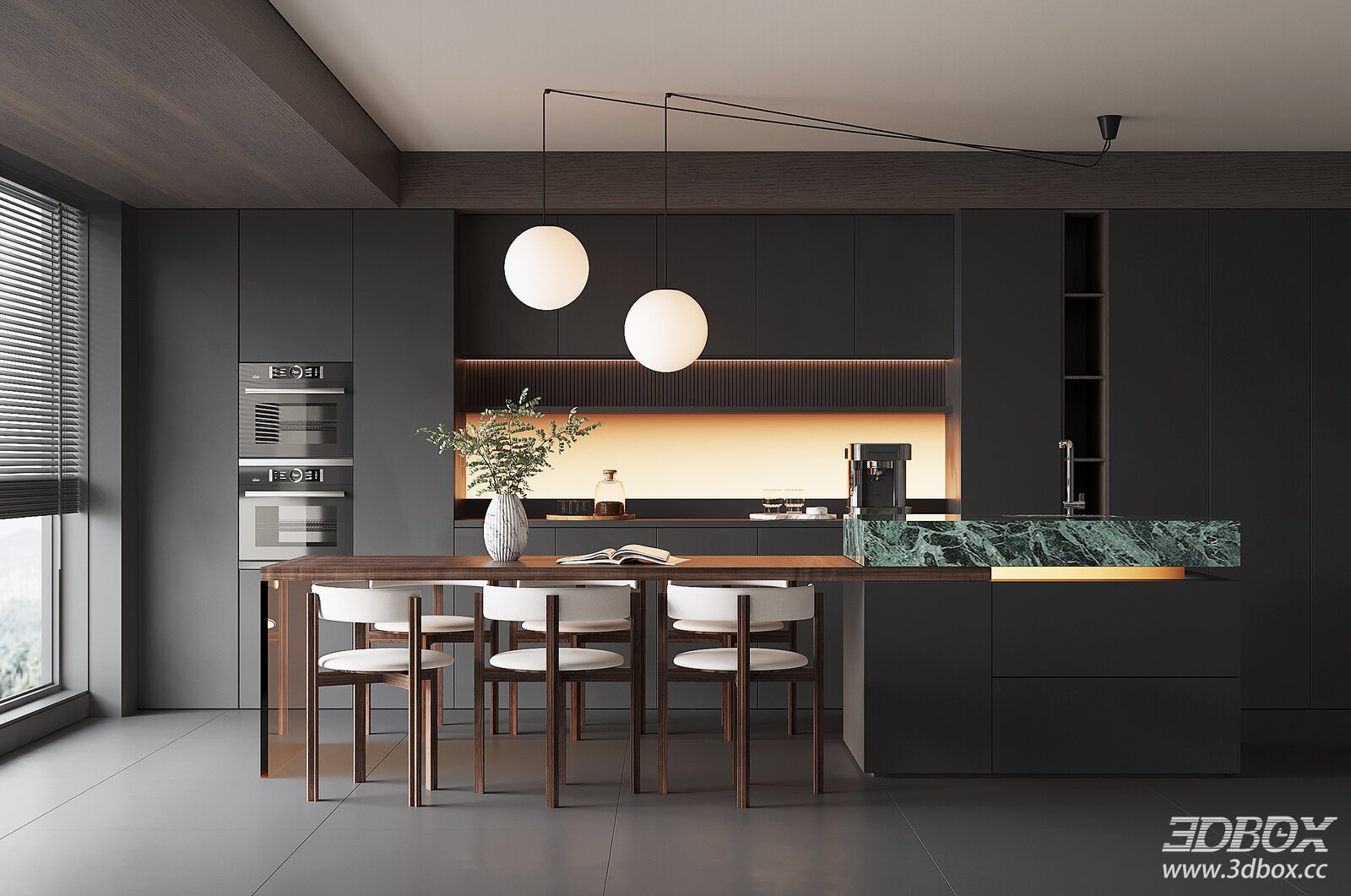 Modern Minimalist Kitchen and Dining Room Interior 3D model - front view