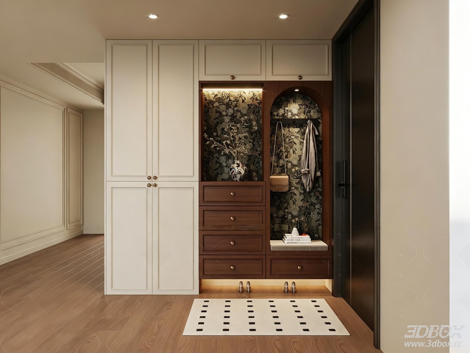 French Vintage Mid-century Hallway Shoe Cabinet 3D model - front view