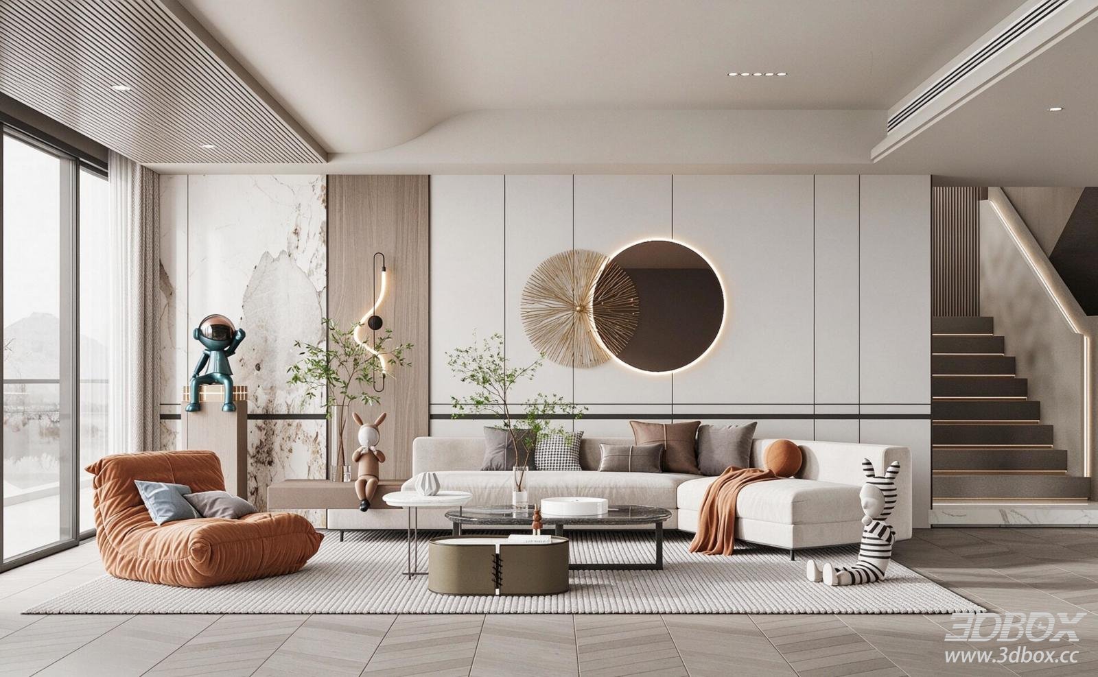 Modern Luxury Villa Living Room with Sofa and Coffee Table 3D model - front view