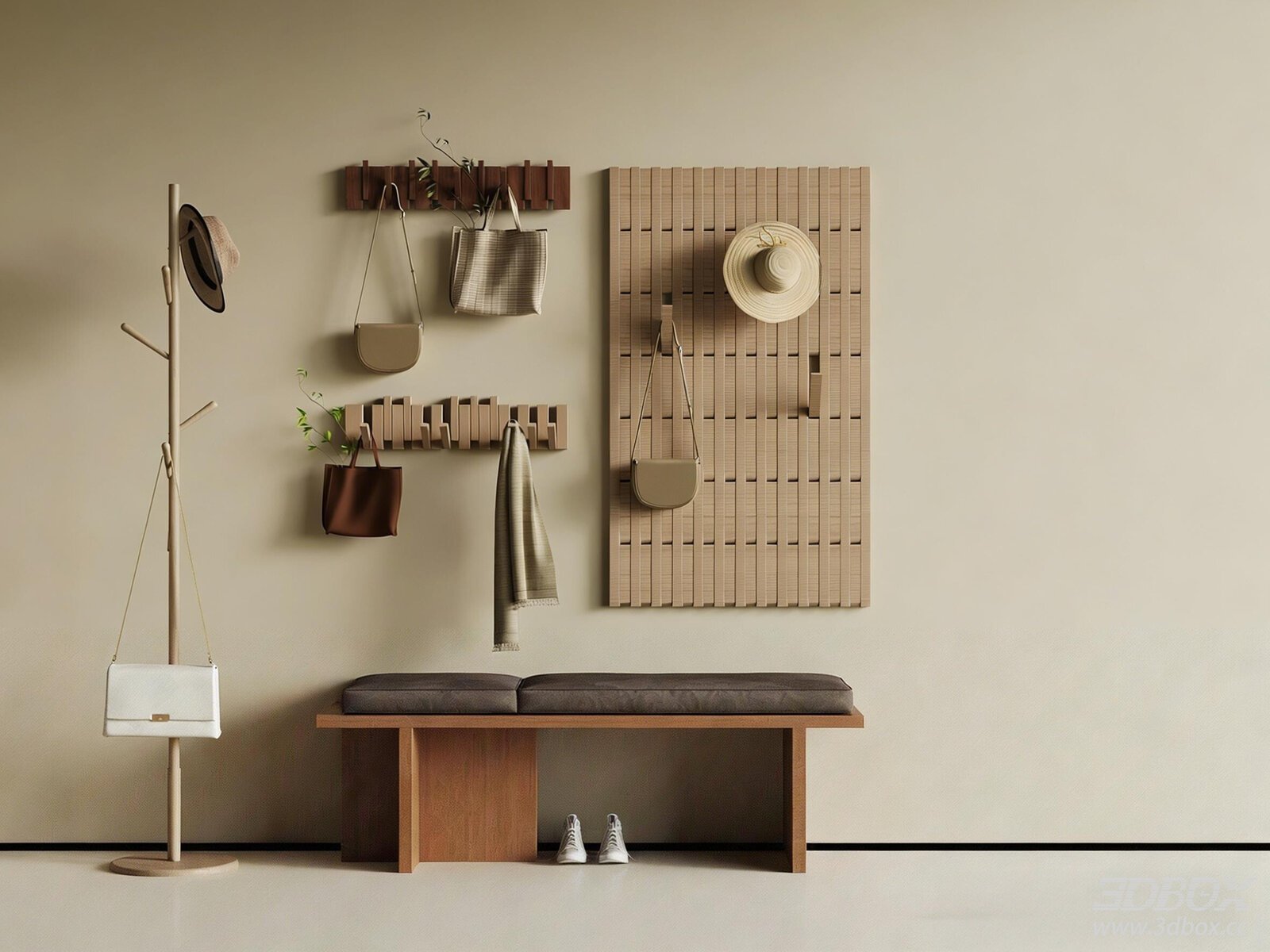 Mid Century Hallway Shoe Bench and Coat Rack Set 3D model - front view