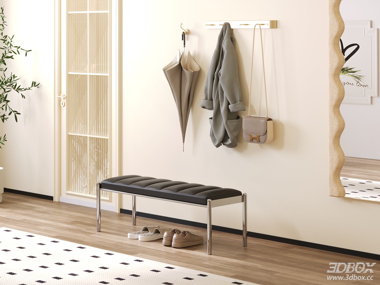 Modern Minimalist Entry Hallway Bench Scene 3D model - front view