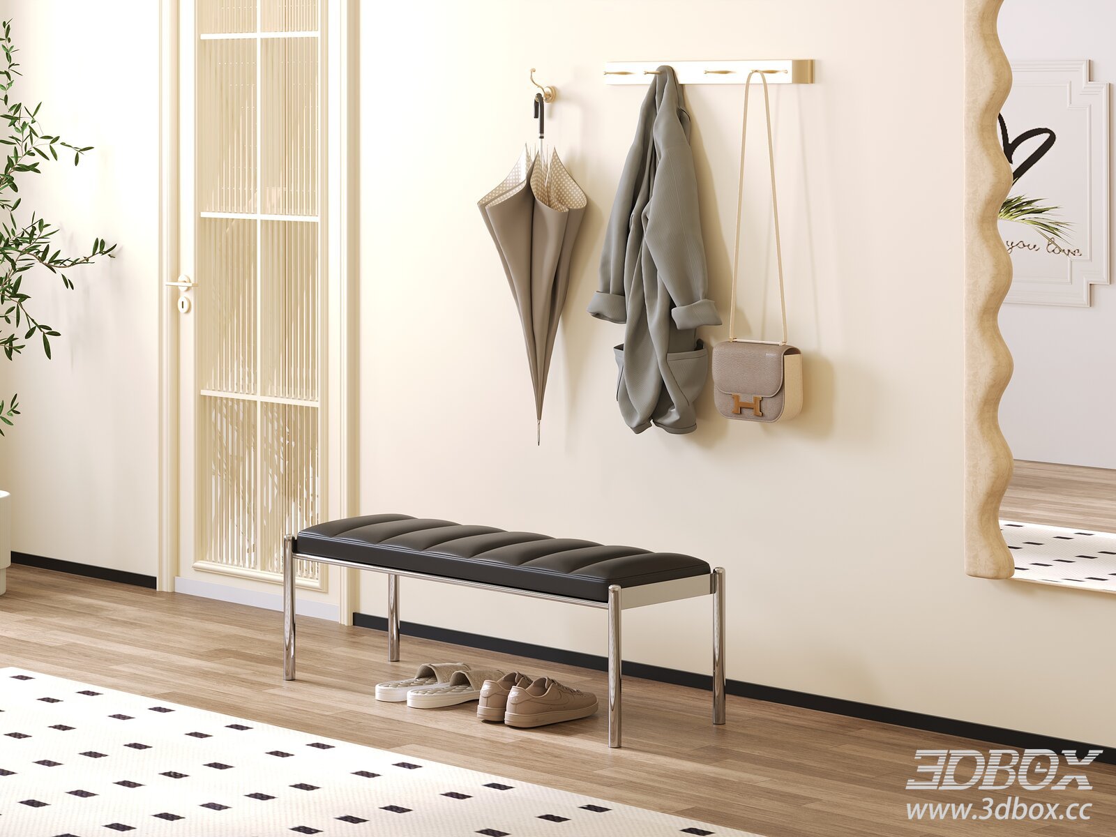 Modern Minimalist Entry Hallway Bench Scene 3D model - thumbnail 1