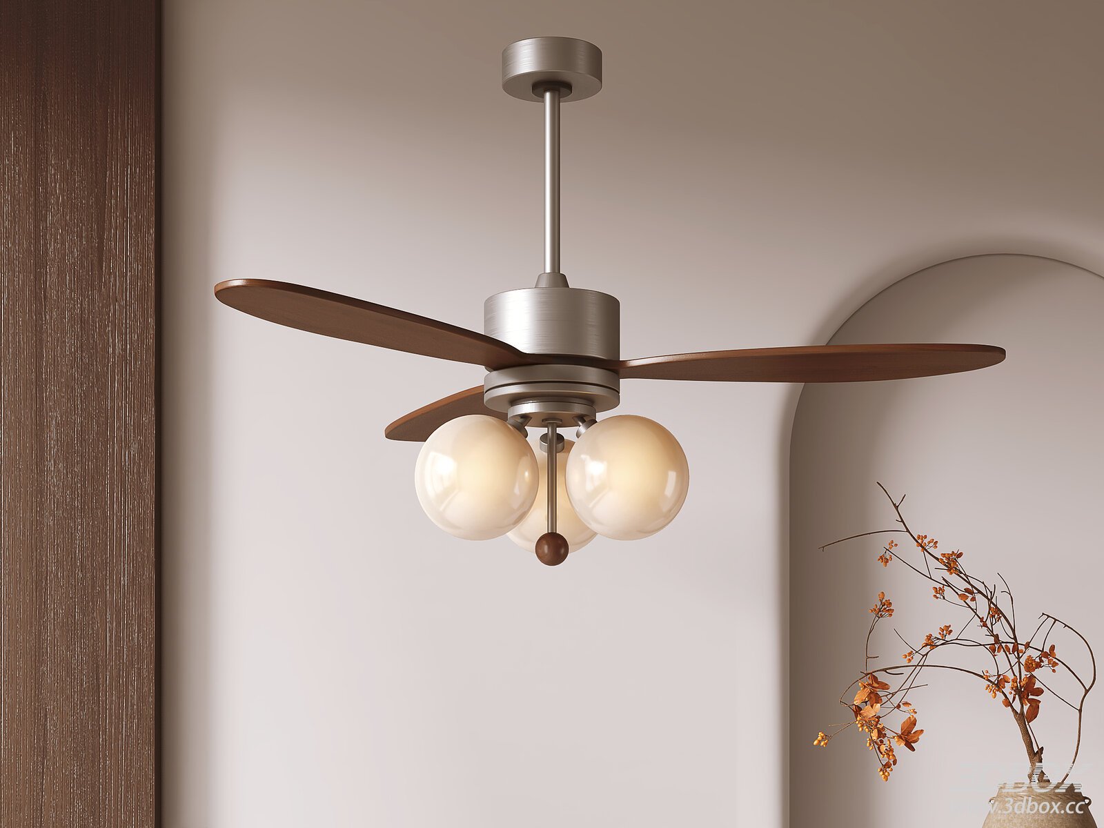 Mid Century Ceiling Fan Light with Wooden Blades and Glass Globes 3D model - front view