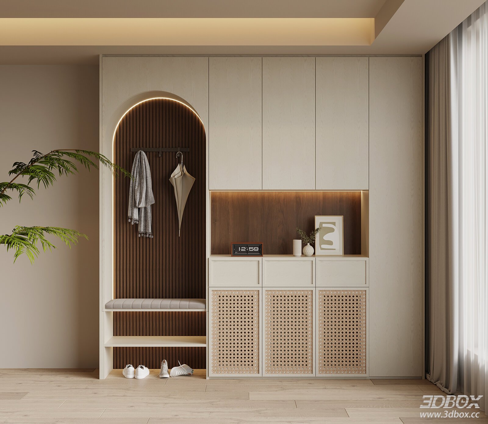 Mid-century modern hallway shoe cabinet with rattan doors 3D model - front view