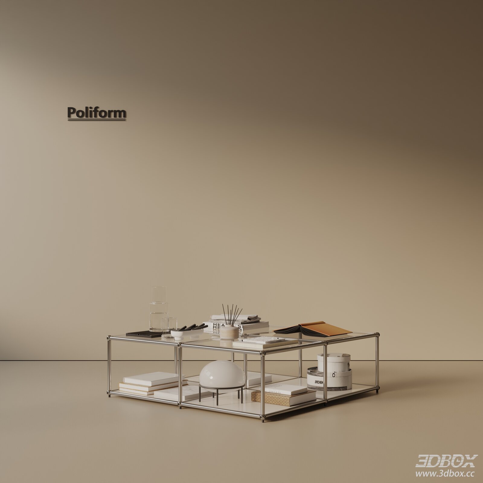 Modern Glass Top Metal Frame Coffee Table 3D model - front view