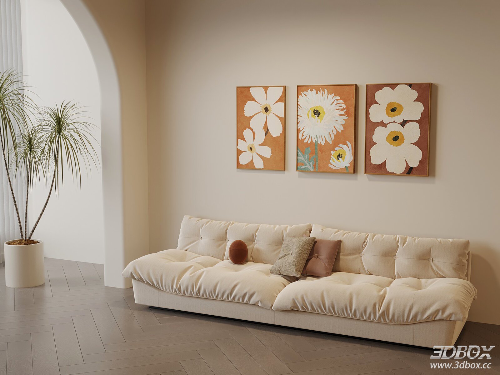 Modern Cream Style Fabric Sofa Set for Living Room 3D model - front view