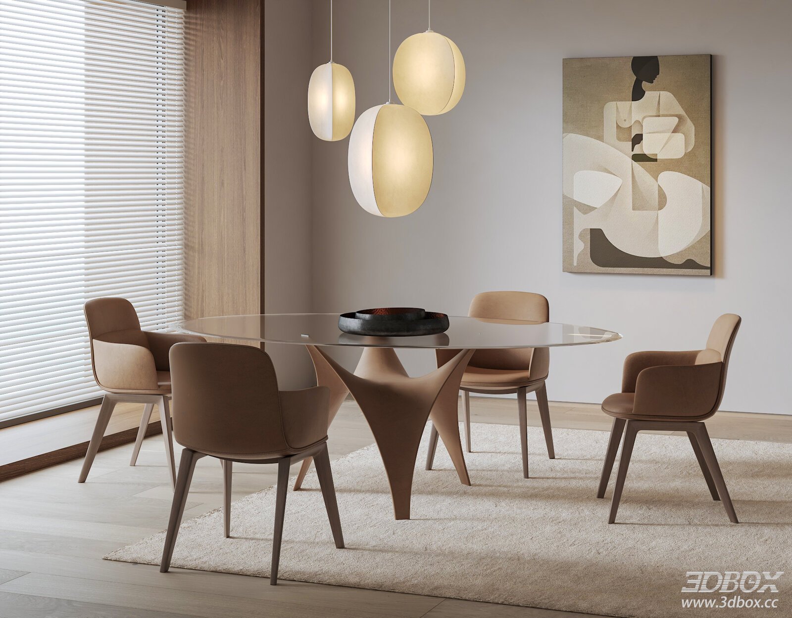 Modern Minimalist Glass Dining Table and Chairs Set 3D model - front view