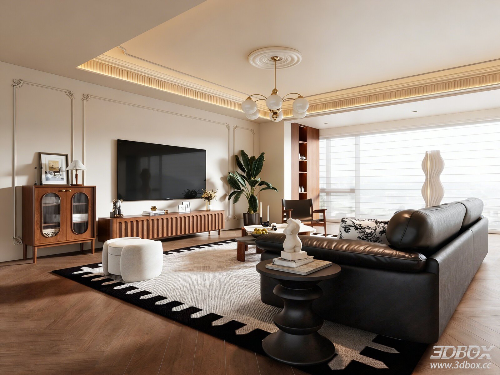 French Vintage Style Living Room with Leather Sofa and TV Cabinet 3D model - front view