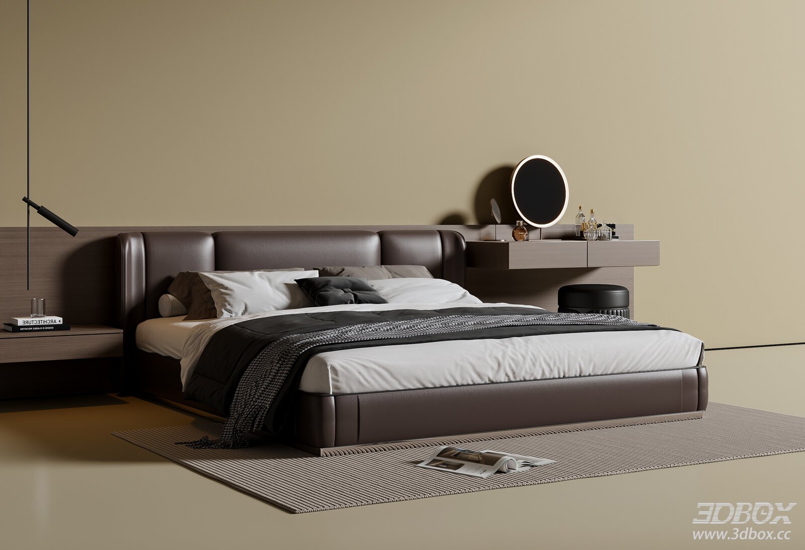 Modern Italian Style Leather Double Bed Bedroom Set 3D model - front view