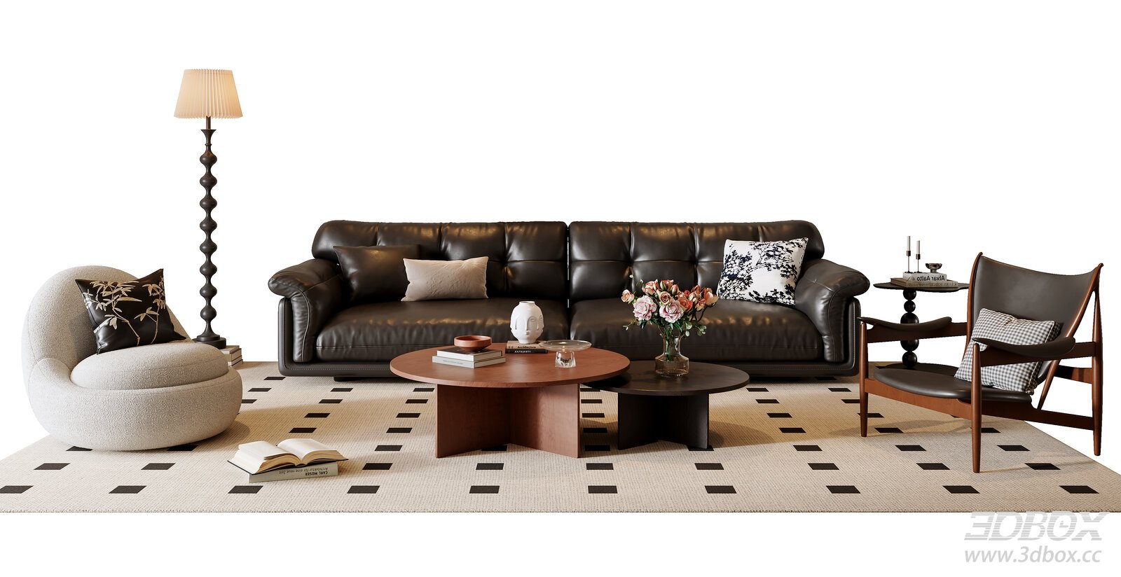 French Mid-century Vintage Leather Sofa Coffee Table Set 3D model - front view