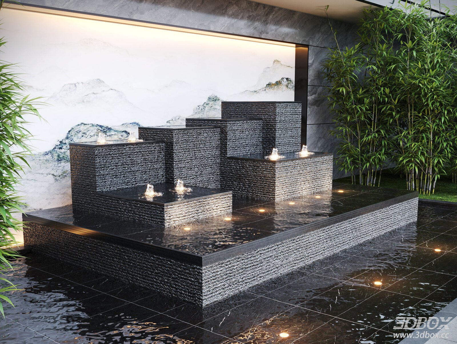 Modern Cascading Water Feature Courtyard Landscape 3D model - front view