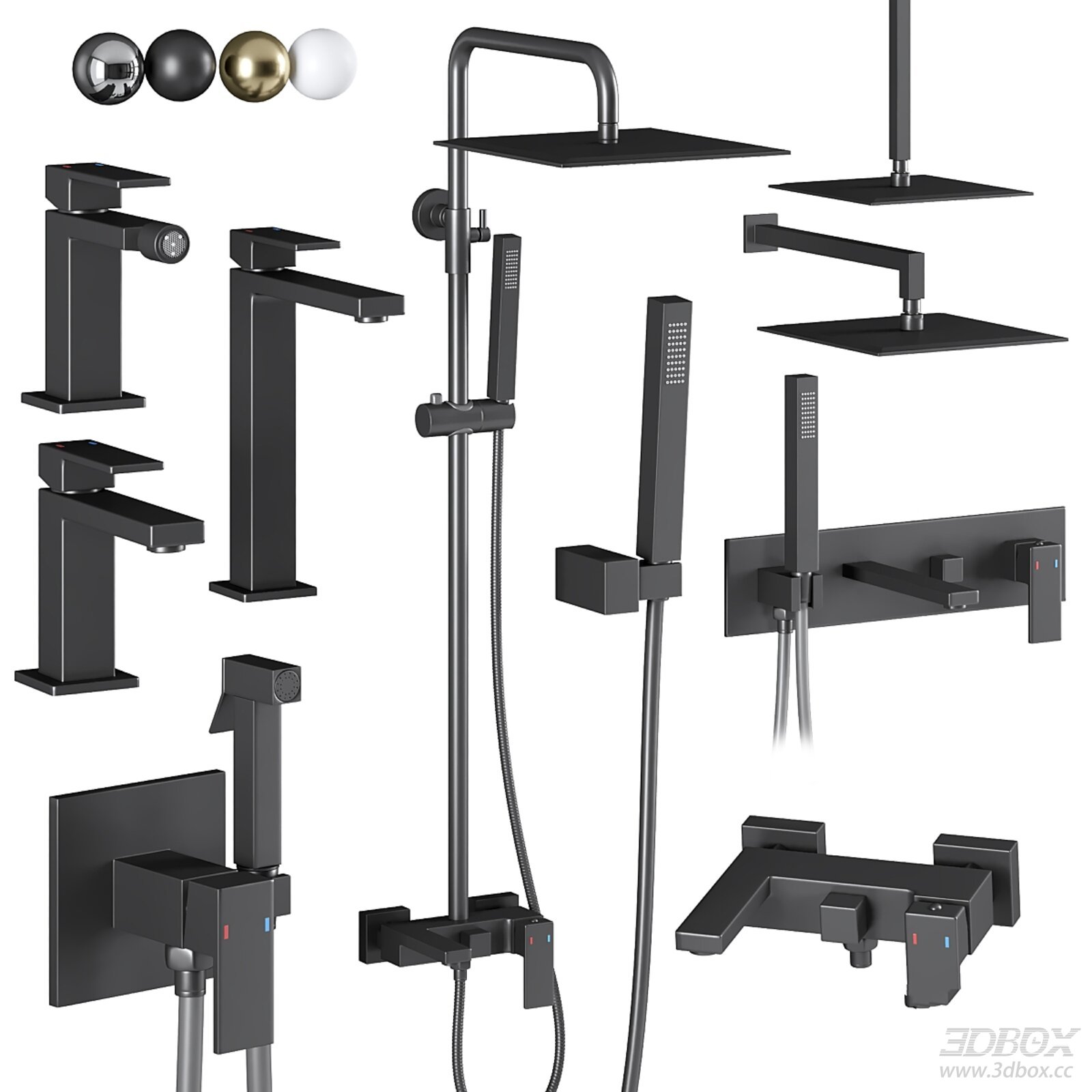 Modern Matte Black Bathroom Faucet and Shower Set 3D model - front view