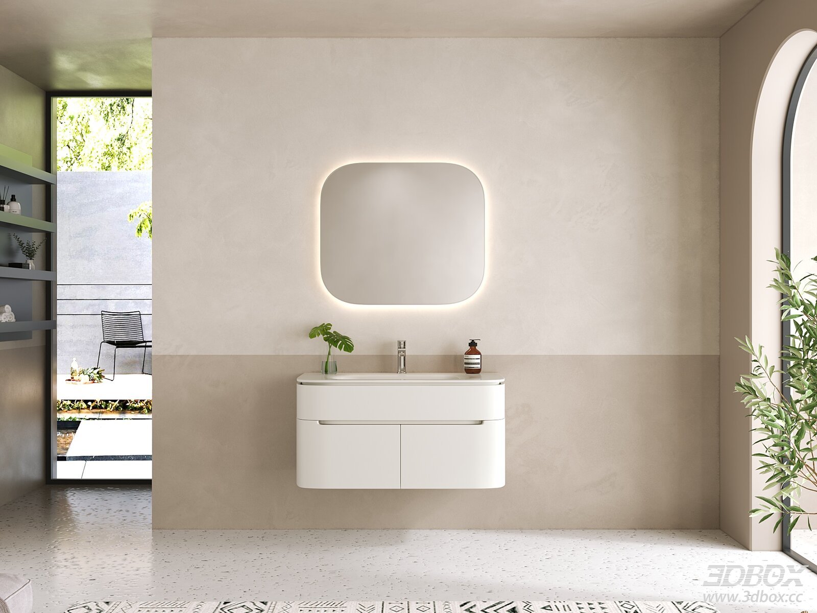 Modern Minimalist Bathroom Scene with Backlit Mirror Vanity 3D model - front view