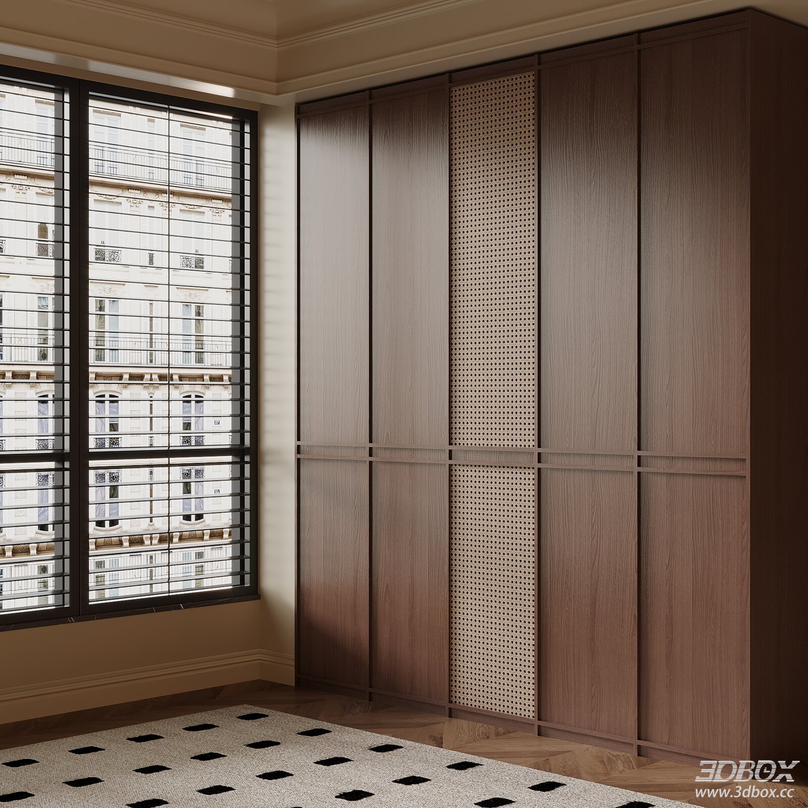 Mid Century Modern Wooden Rattan Sliding Door Wardrobe 3D model - front view
